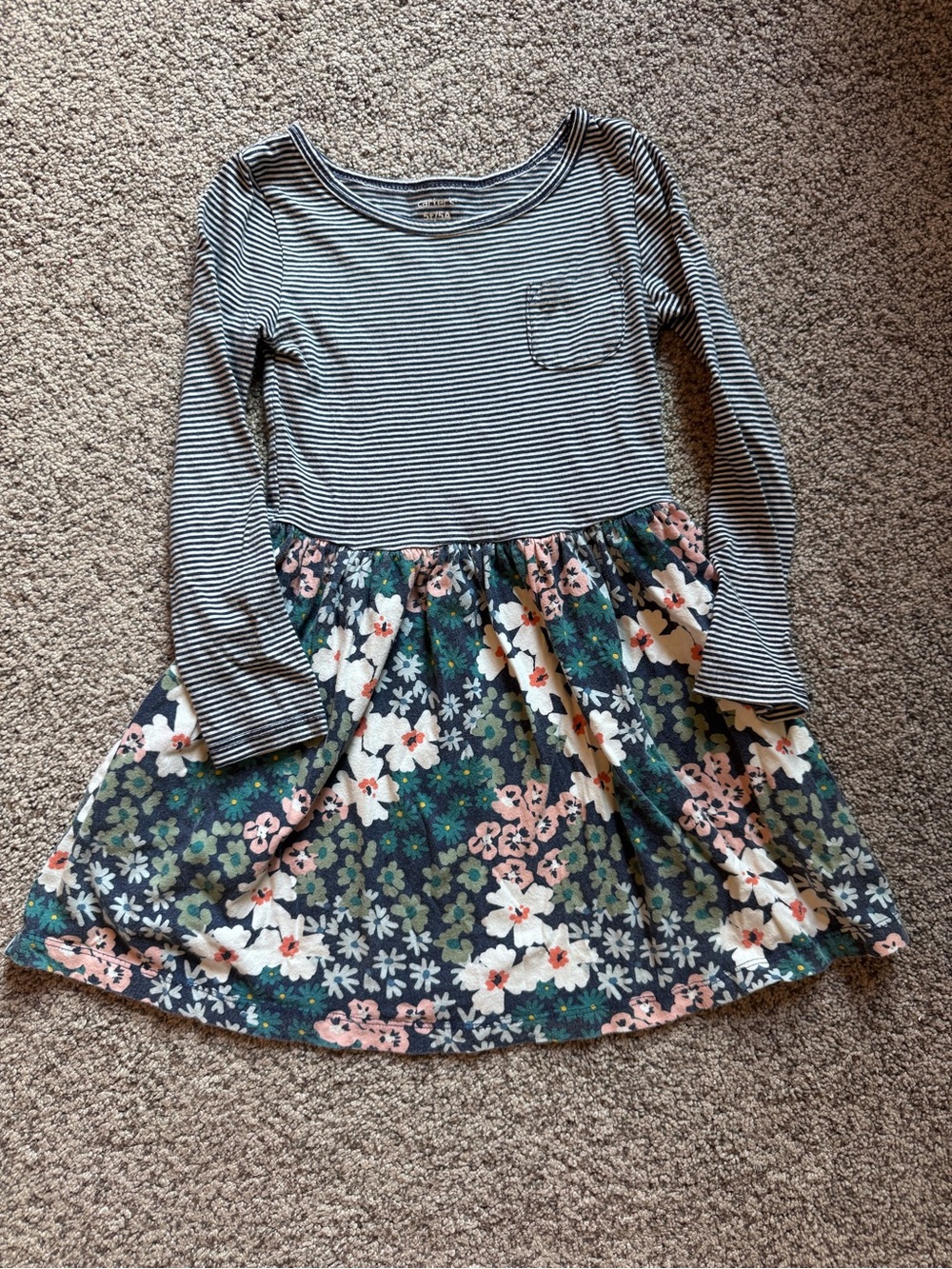Carter's Navy Striped Top with Floral Skirt Dress - Pink, Green, White